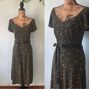Monteau Green Swiss Dot Floral Midi Dress Size Medium